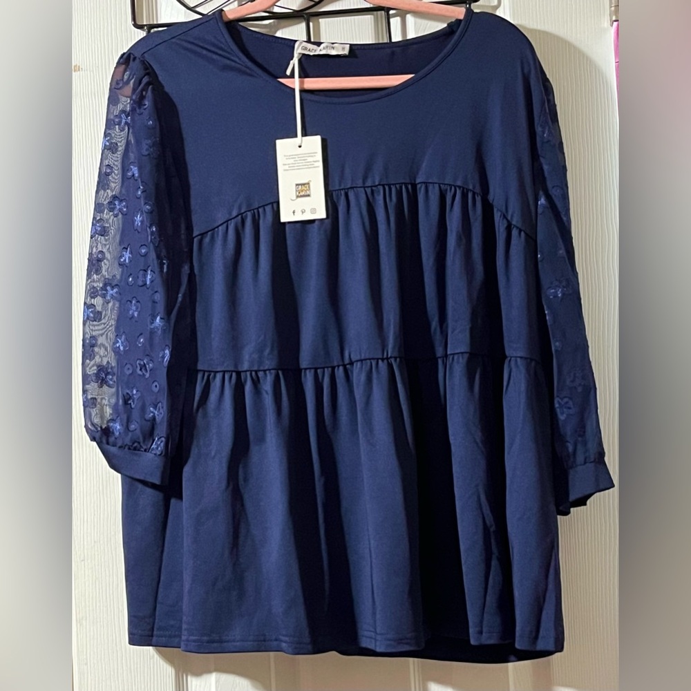 Grace Karin Deep Blue Blouse with Sheer Patterned Sleeves